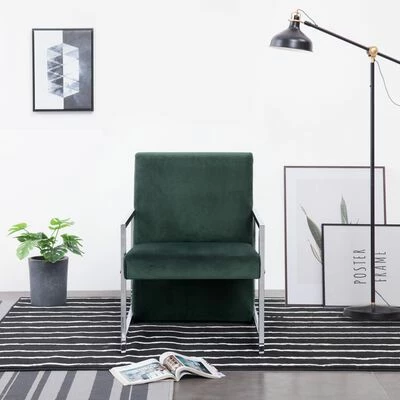 VidaXL Fauteuil avec pieds en chrome Vert foncé Velours 4 VidaXL Fauteuil avec pieds en chrome Vert foncé Velours – Image 2