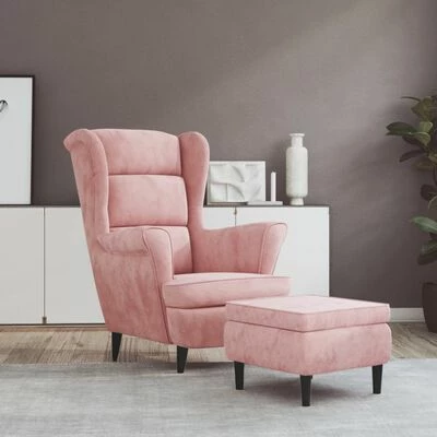 VidaXL Fauteuil à oreilles avec tabouret Rose Velours 4 VidaXL Fauteuil à oreilles avec tabouret Rose Velours – Image 2