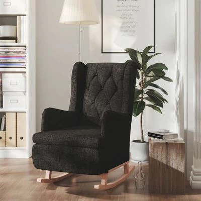 VidaXL Fauteuil avec pieds à bascule en bois d'hévéa Noir Tissu 4 VidaXL Fauteuil avec pieds à bascule en bois d'hévéa Noir Tissu – Image 2
