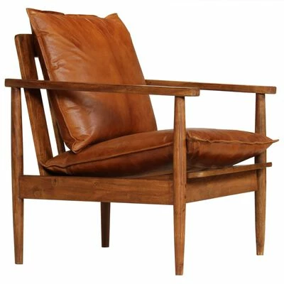 VidaXL Fauteuil Marron Cuir véritable avec bois d'acacia 2 VidaXL Fauteuil Marron Cuir véritable avec bois d'acacia