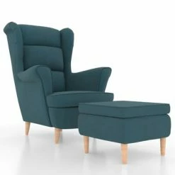 VidaXL Fauteuil Ă oreilles avec tabouret Bleu Velours