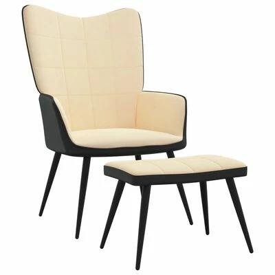 VidaXL Chaise de relaxation et repose-pied Blanc crème Velours et PVC 3 VidaXL Chaise de relaxation et repose-pied Blanc crème Velours et PVC